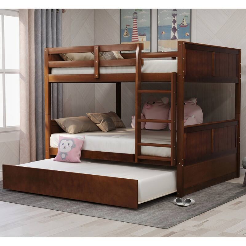 Full Over Full Wooden Bunk Bed with Twin Size Trundle - Walnut