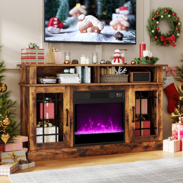 MDF Fireplace TV Stand with RGB LED, Remote and Storage - 48" L x 16" W x 29" H