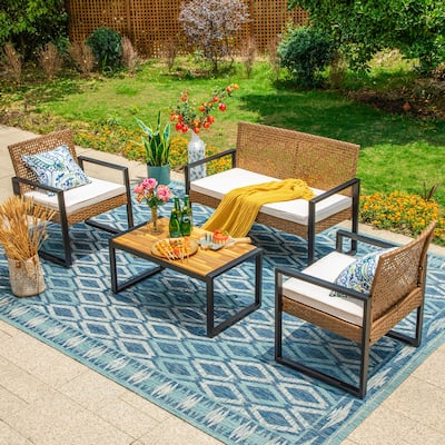 4-Piece Patio Furniture Wicker Outdoor Bistro Set, All-Weather Rattan Wood Conversation Set with Soft Cushions by Havenside Home