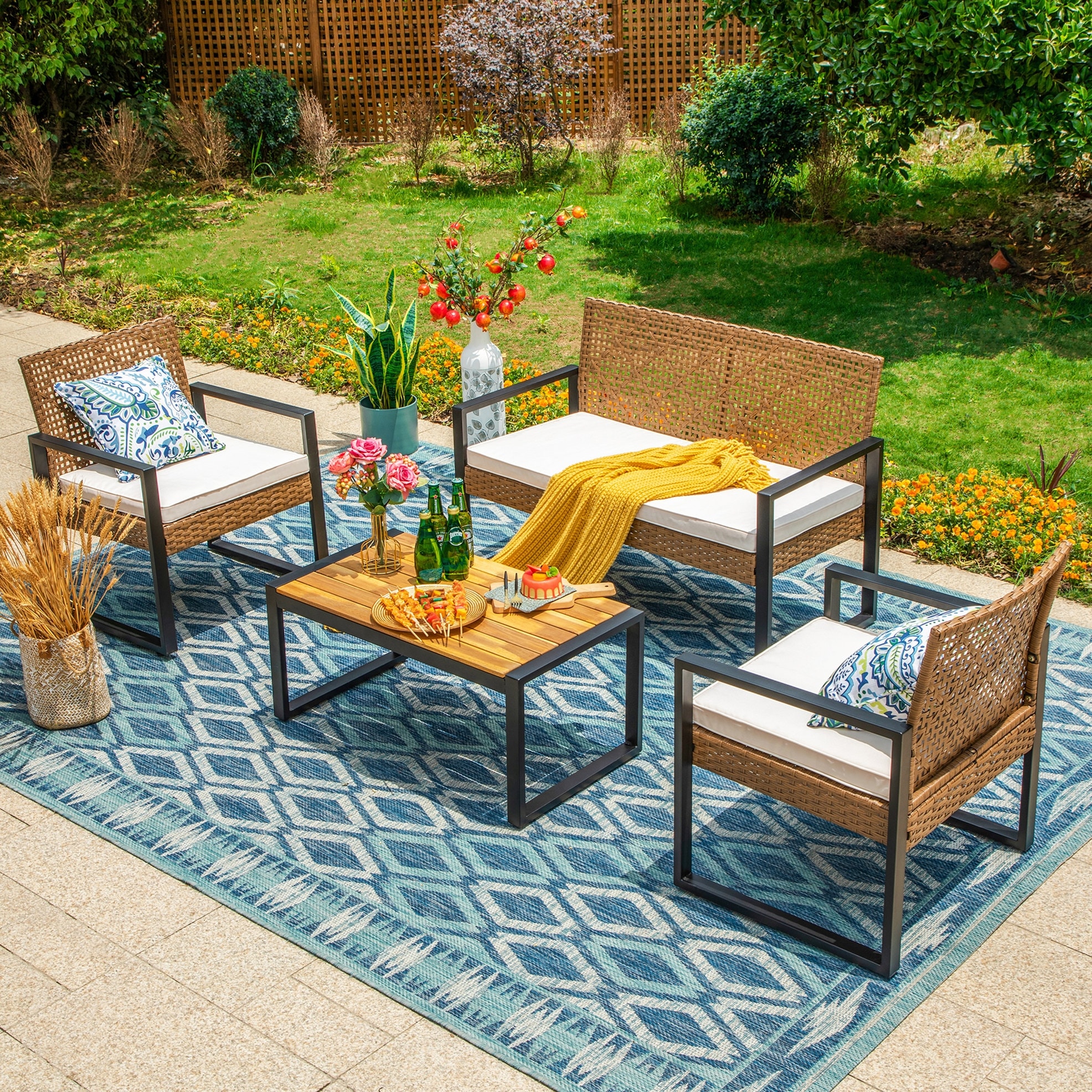 MAISON ARTS 4 Pieces Patio Furniture Wicker Outdoor Bistro Set, All-Weather Rattan Wood Conversation Set with Soft Cushions