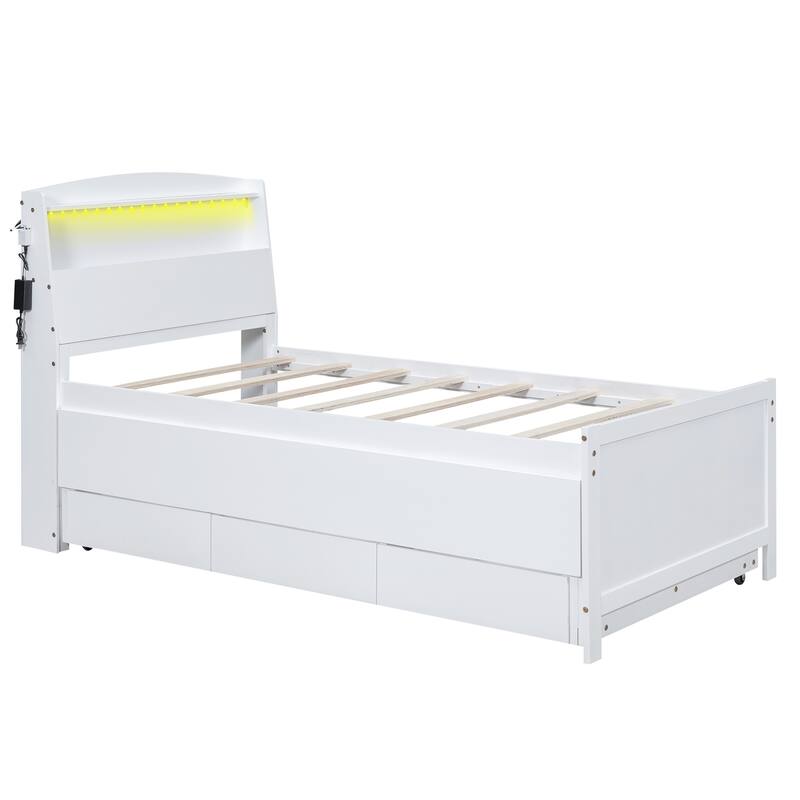 Platform Bed with Storage LED Headboard, Twin Size Trundle and 3 Drawers