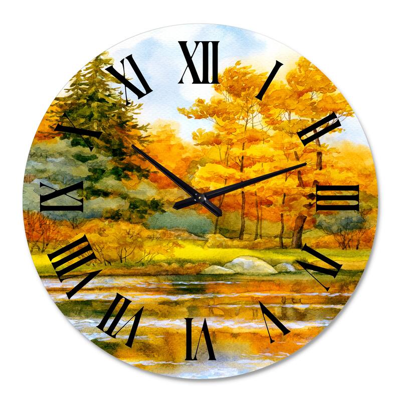 Designart 'Autumnal Forest By The Lake Side II' Lake House wall clock