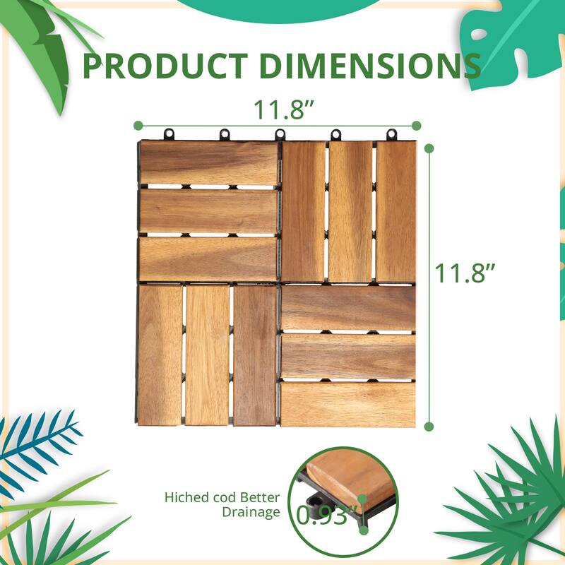 12 x 12 Inch Solid Wood Acacia Interlocking Flooring Tiles, Mosaic Pattern Patio Deck Tiles (Natural Color, 12 Slats)