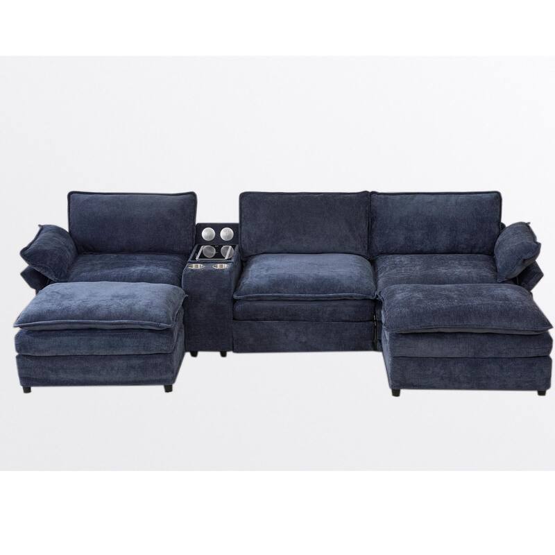 Modular Sectional Sofa, U Shaped Couch with 2 Ottomans, Storage Console & Wireless Charging, 2 Cup Holders, Bluetooth Speakers