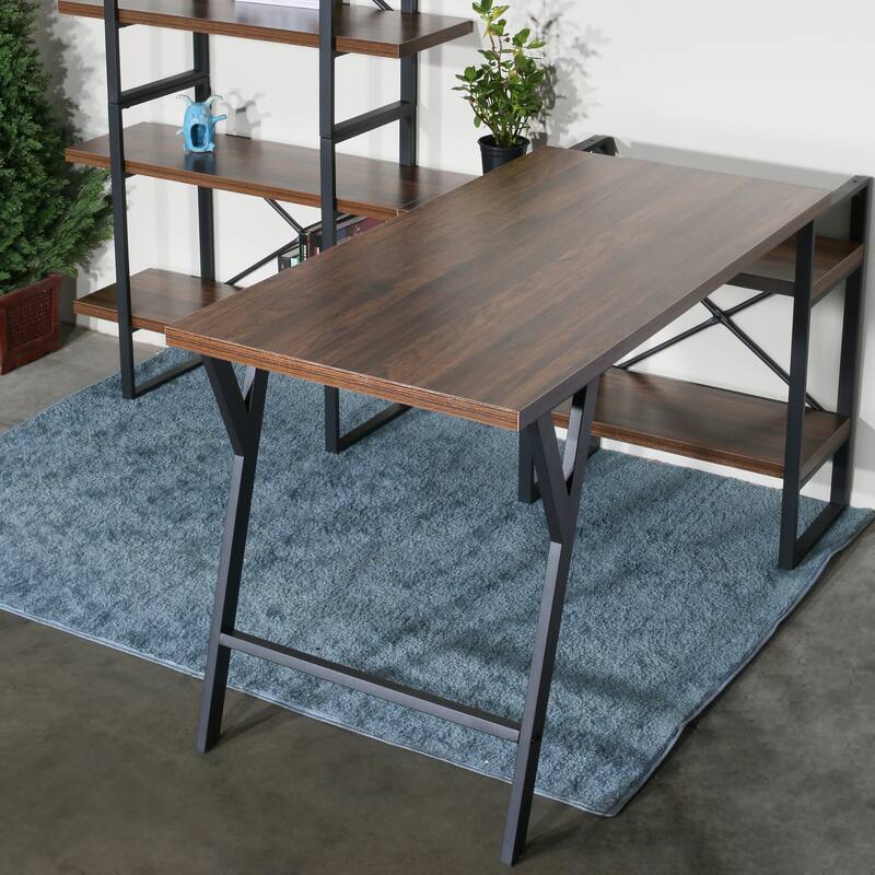 L - Shaped Home Office Desk with 6 Antigue Wood Shelves