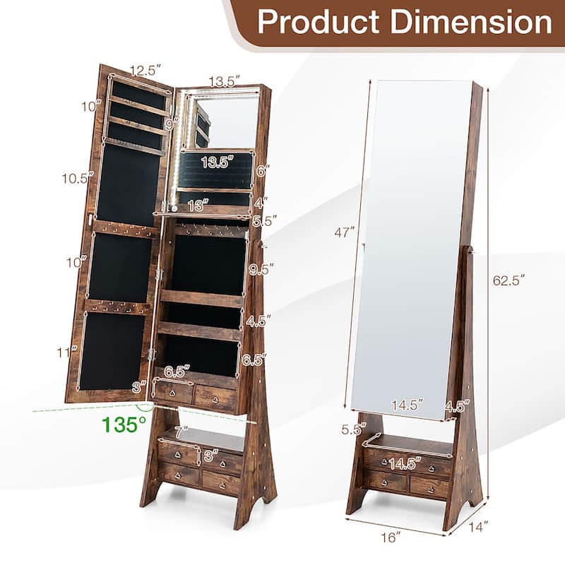 Gymax Jewelry Cabinet Armoire Full Length LED Mirror W/ Makeup Shelf &