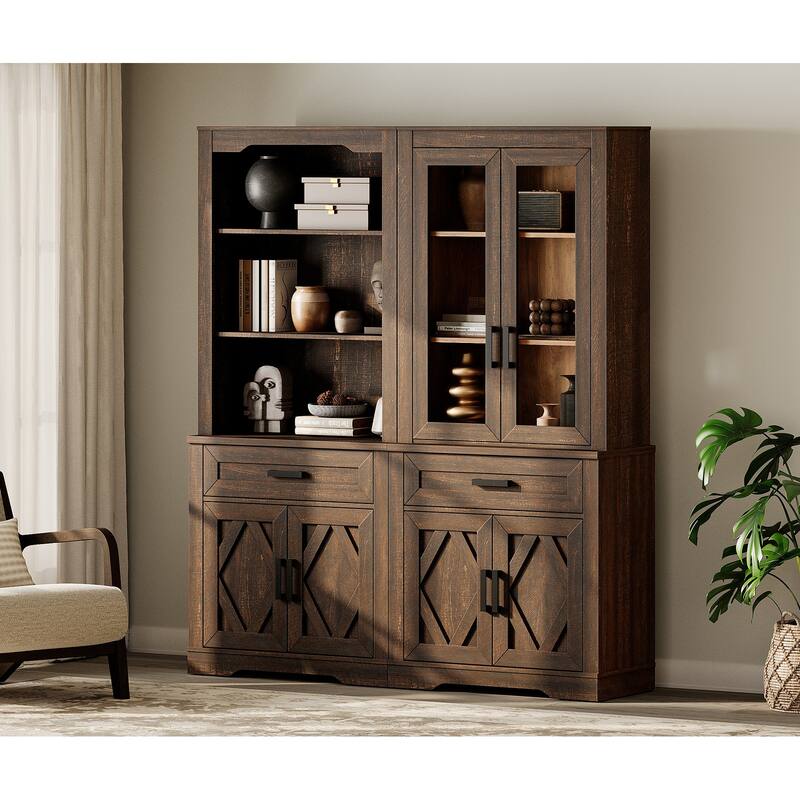 5 Tier Bookcase with Barn Door,73.3" Tall Open Storage Bookshelf