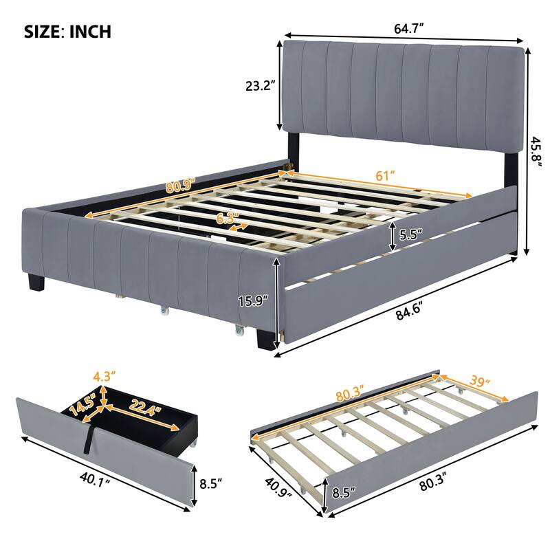 Vertical Stripes Platform Bed w/ Twin XL Trundle & Drawers, Queen Grey