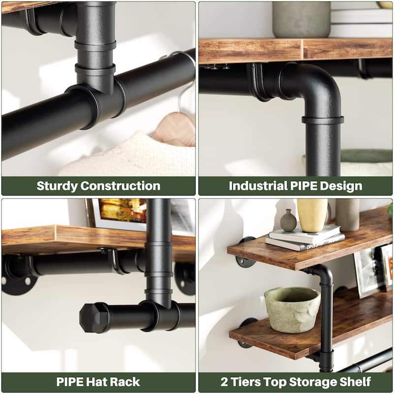 Floating Pipe Heavy-Duty Garment Rack, Wall-Mounted Closet Organizer with Storage Shelves