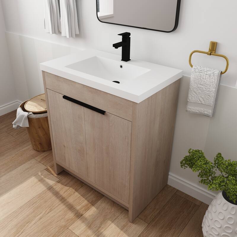 Freestanding Plywood Bathroom Vanity Set in Plain Light Oak with Integrated Sink
