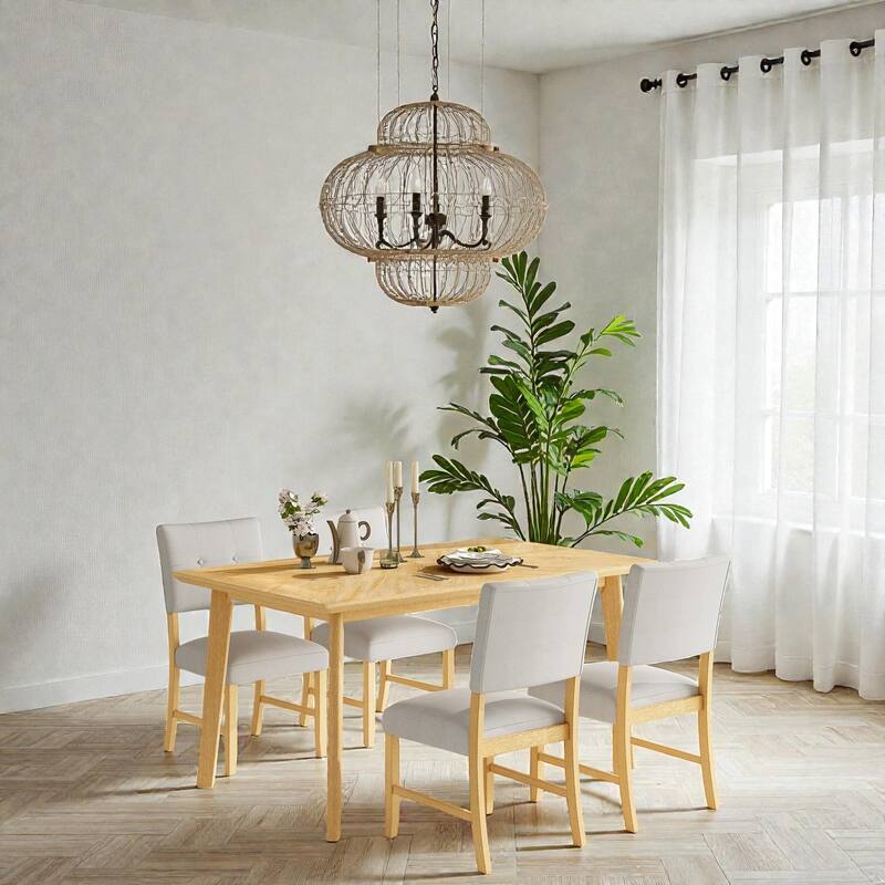 5-Piece Rustic Farmhouse Dining Set, Solid Wood Rectangular Table with 4 Upholstered Chairs for Kitchen & Dining Room