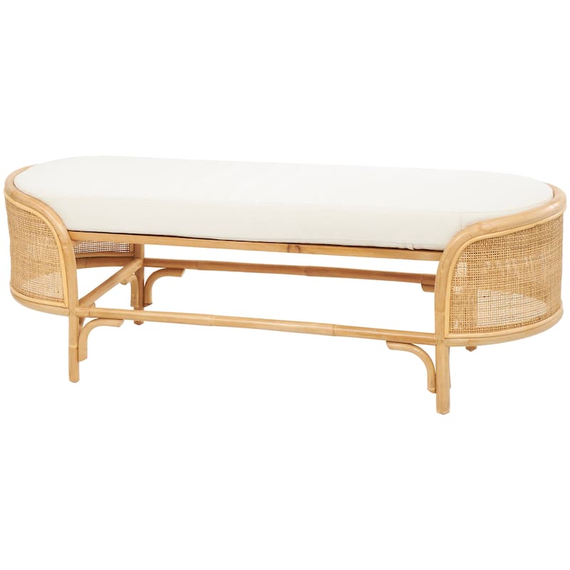 Rattan Handmade Oval Bench with White Fabric Cushion - Brown - Roche River Decor - 18"Wx49"Lx17"H