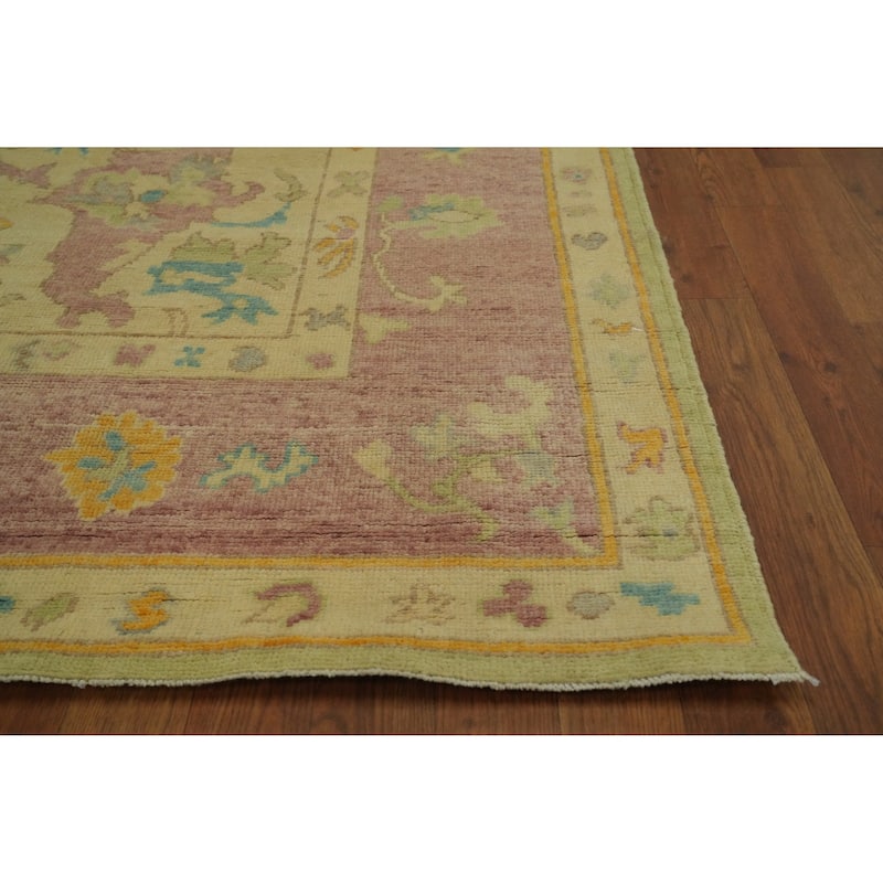 Vegetable Dye Green Oushak Turkish Area Rug, Floral Geometric Carpet - 12' 1'' X 9' 2''