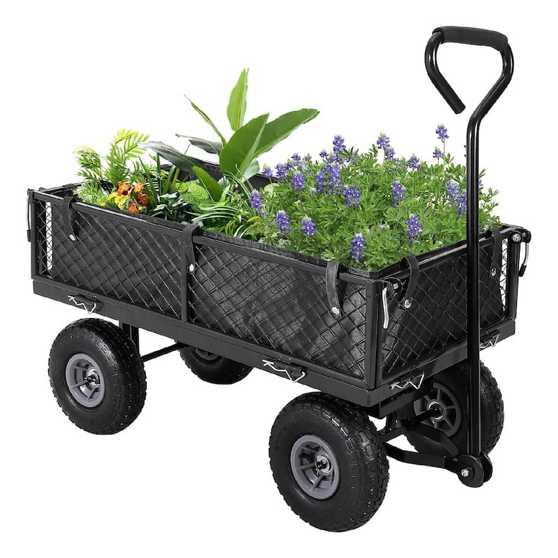 500 Lbs Capacity Folding Utility Heavy Duty Steel Garden Cart Wagon for Lawn, Yard, Farm - Black