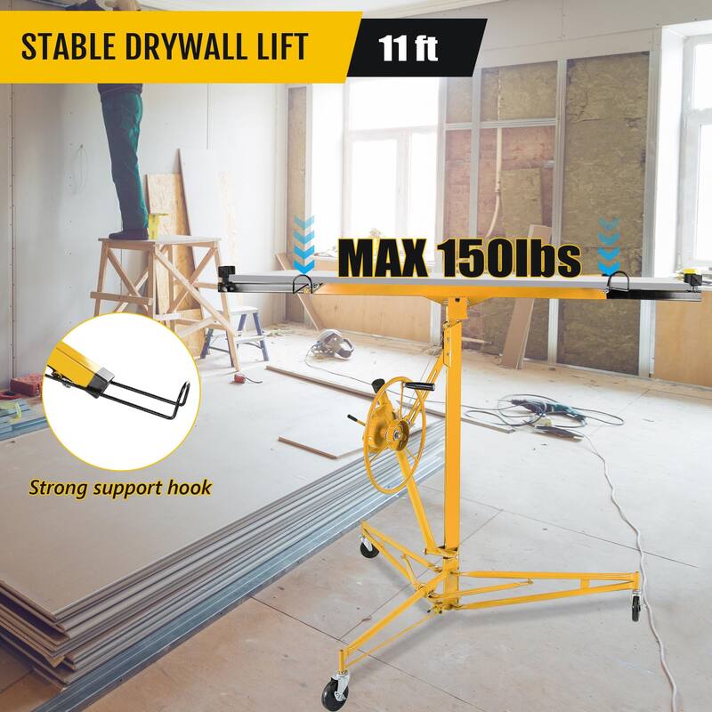 Drywall Lift 11FT, 150lb Capacity Heavy Duty Sheetrock Hoist w/Telescopic Arm & Locking Wheels, Steel Panel Lifter