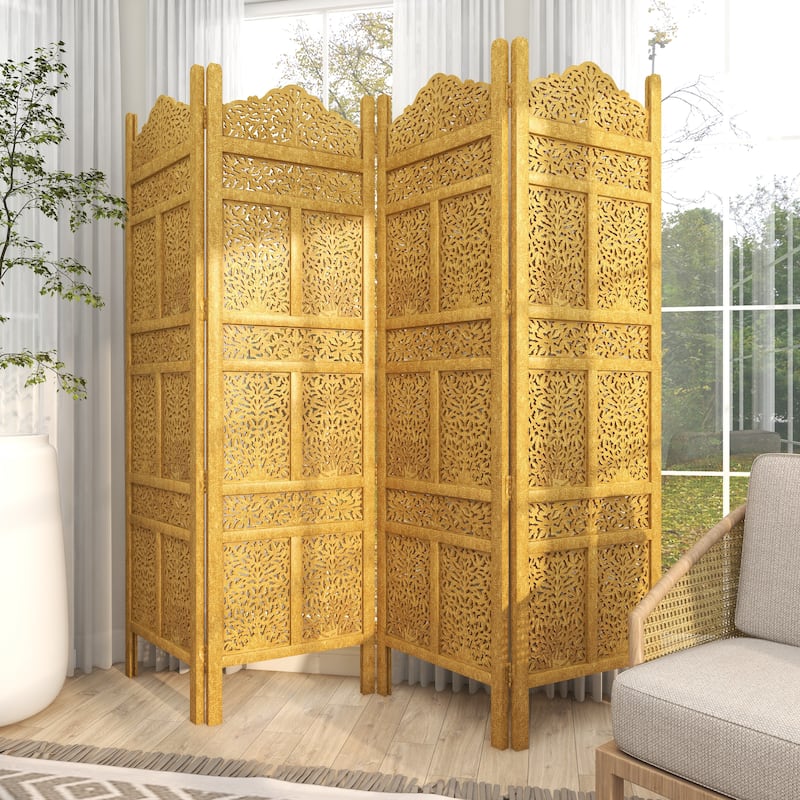Gold Wooden Handmade Foldable Partition 4 Panel Floral Partition Room Divider Screen with Carved Designs