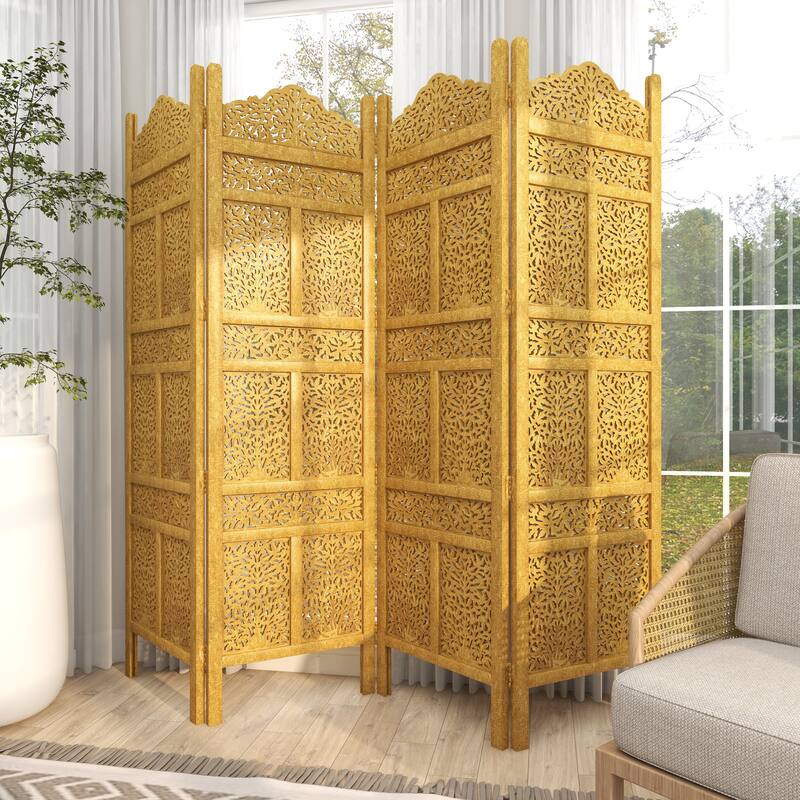 Wooden Floral Handmade Foldable 4 Panel Room Divider Screen with Foiled Intricately Carved Designs - Gold - Roche River Decor