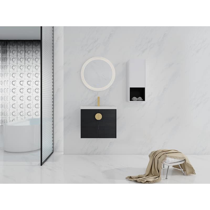 24" Wall-Mounted Bathroom Vanity With Ceramic Sink and Side Cabinet, Soft Close Doors, Combination Cabinet
