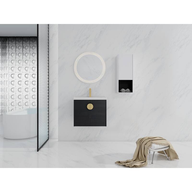 28" Floating Bathroom Vanity with Ceramic Sink, Soft-Close Doors, Wall-Mounted Side Cabinet, Black Chestnut