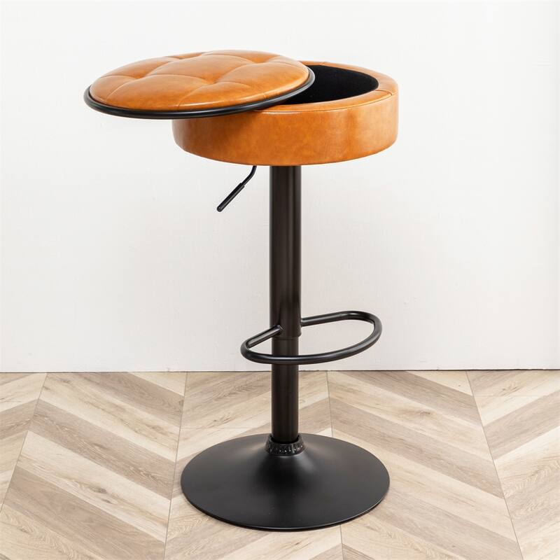 Round Storage Bar Stool Set of 2,Height Adjustable with Metal Frame