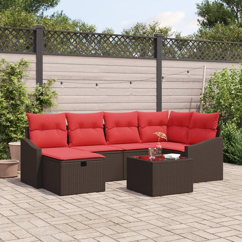 vidaXL 6/7 Garden Sofa Set with Cushions Black/Brown/Grey Poly Rattan - 91.9 x 48.6 x 27.2 - Brown with table
