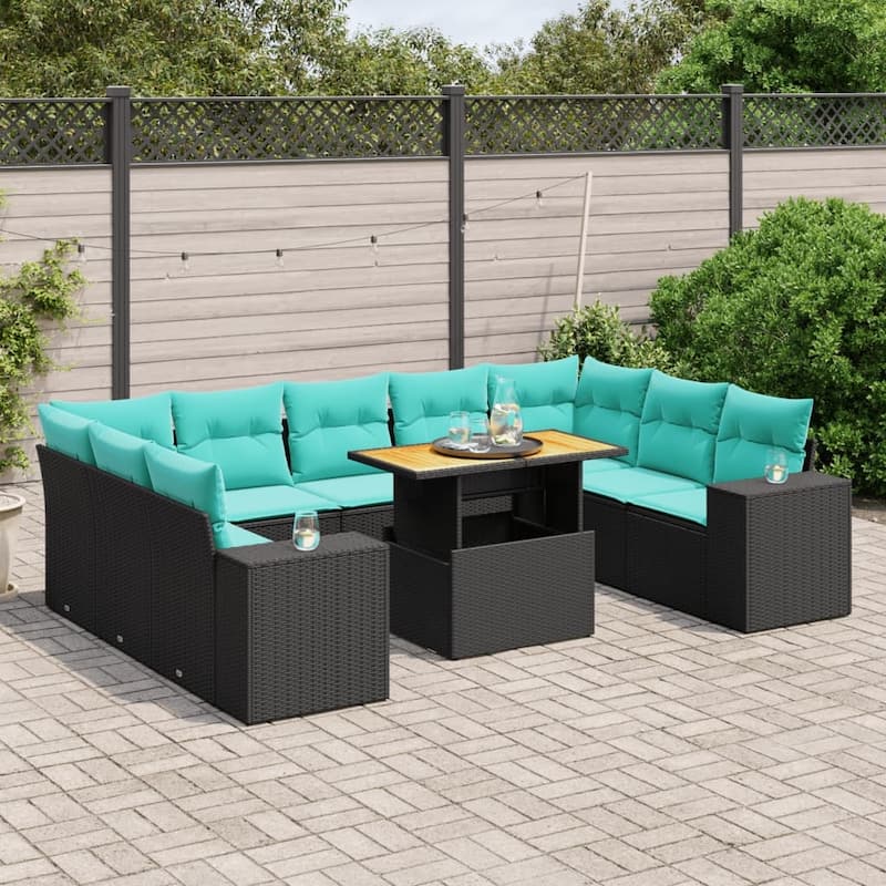 vidaXL Patio Sofa Set with Cushions Outdoor Furniture 10 Piece Poly Rattan - 24.4 x 24.4 x 27.2 - Black-2x corner+table+5x middle