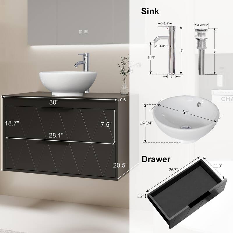 Modern Wall Mounted Bathroom Vanity Set with Vessel Sink & Faucet