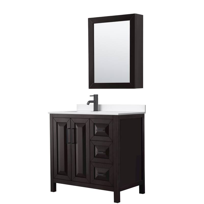 Daria 36-inch Single Vanity, Single Hole Quartz Top, Med Cabinet - Dark Espresso, Black Trim, White Quartz Top