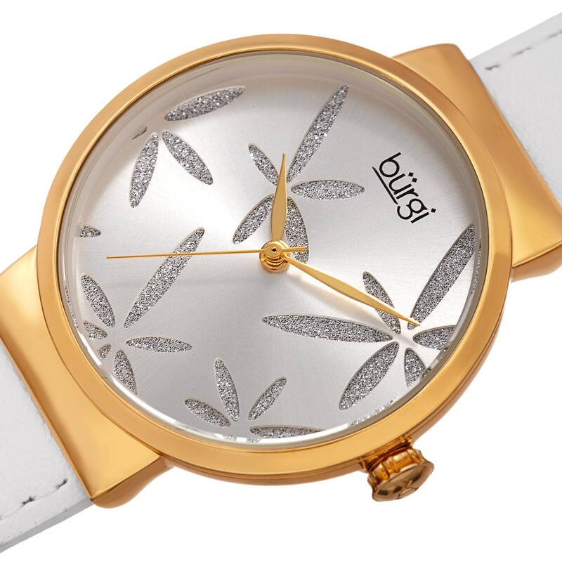 Burgi Ladies Sparkling Floral White Leather Strap Watch