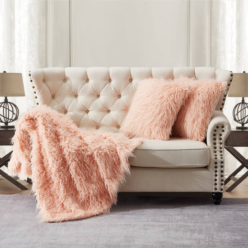 Mongolian FauxFur Throw with Pillow Shell Combo Set