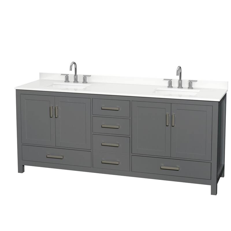 Sheffield 80-inch Double Vanity, 3 Hole Quartz Top - Dark Gray, Chrome Trim, White Quartz Top
