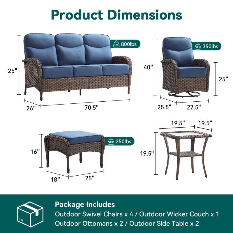 Pocassy Outdoor Sofa Swivel Chair and Ottman with Fire Pit Table