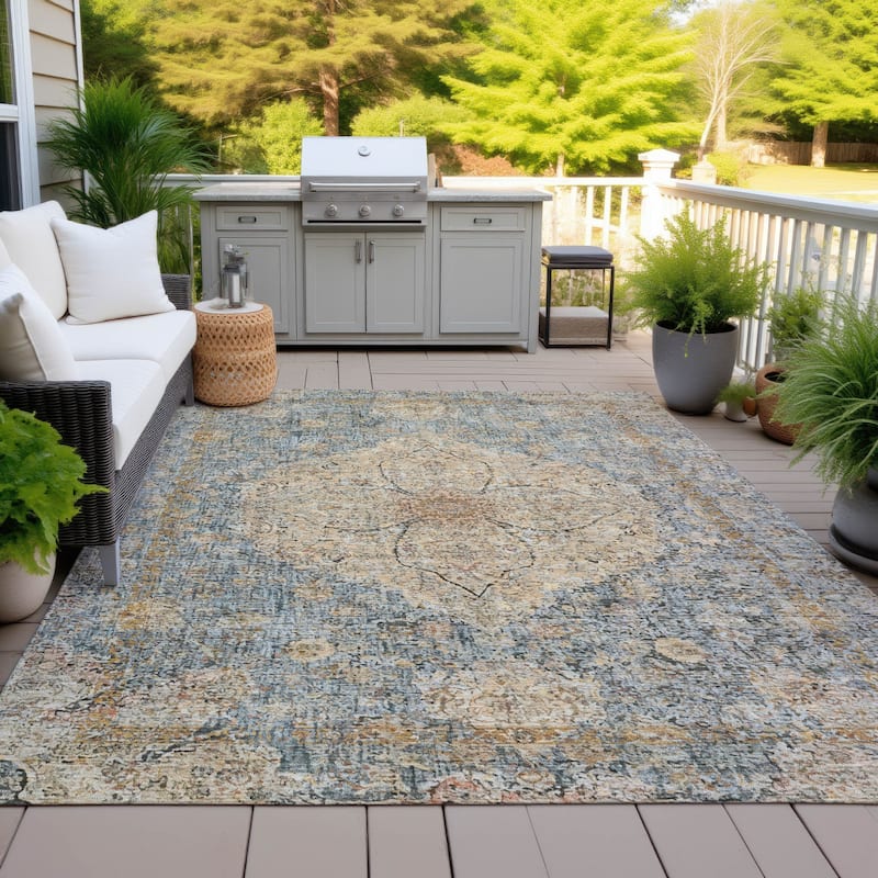 Machine Washable Indoor/Outdoor Traditional Global Chantille Rug - Blue - 3' x 5'