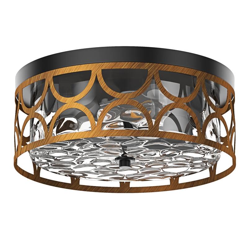 Matte Black 2-Light Rippled Glass Flush Mount Ceiling Light with Antique Brass Metal Shade
