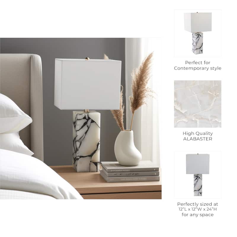 Stone Alabaster Table Lamp Fabric Shade for Bedroom Office - 24" White - 12" x 12" x 24"