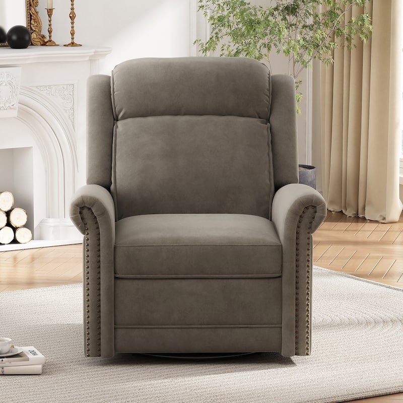 Home Theater Swivel Recliner Chair, Manual Rocking Nursery Rocker w/Adjustable Backrest Rolled Arms Lounge Chair with Rivet Trim