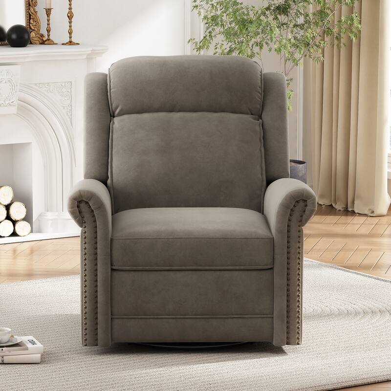 Roomfitters 360 Degree Swivel Rocking Recliner Chair with Adjustable Backrest, Velvet Nursery Glider - Light Brown