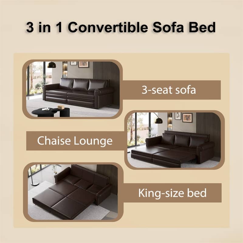 3-in-1 King Pull Out Sofa Bed Chesterfield Sofa, Velvet/Faux Leather Convertible Sleeper Sofa with Nailhead Trim & Rolled Arm