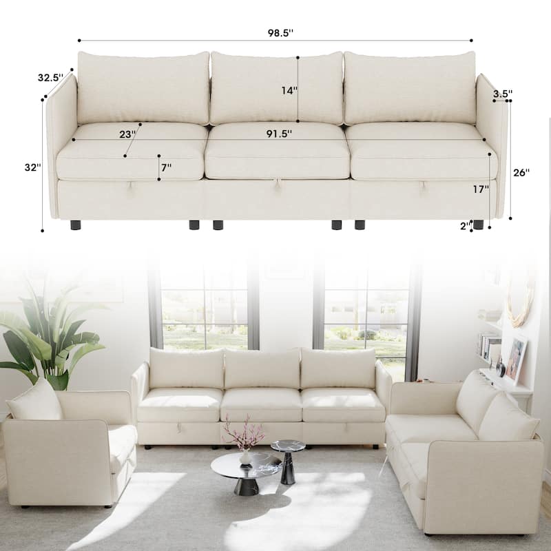 98.5" Chenille Modular Sectional Sofa with Storage, 6-Seater (1+2+3 Configurable)