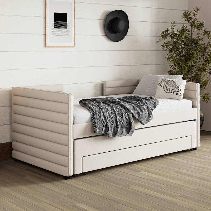 Twin Size Upholstered Daybed with Trundle and 3 Storage Drawers, Fabric Sofa Bed for Guest Room, Living Room - Beige