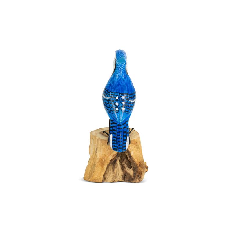 Wood Blue Jay Figurine - Hand Carved Songbird Sculpture, Nature Inspired Bird Decor - 7.5" tall x 5" wide x 3" deep