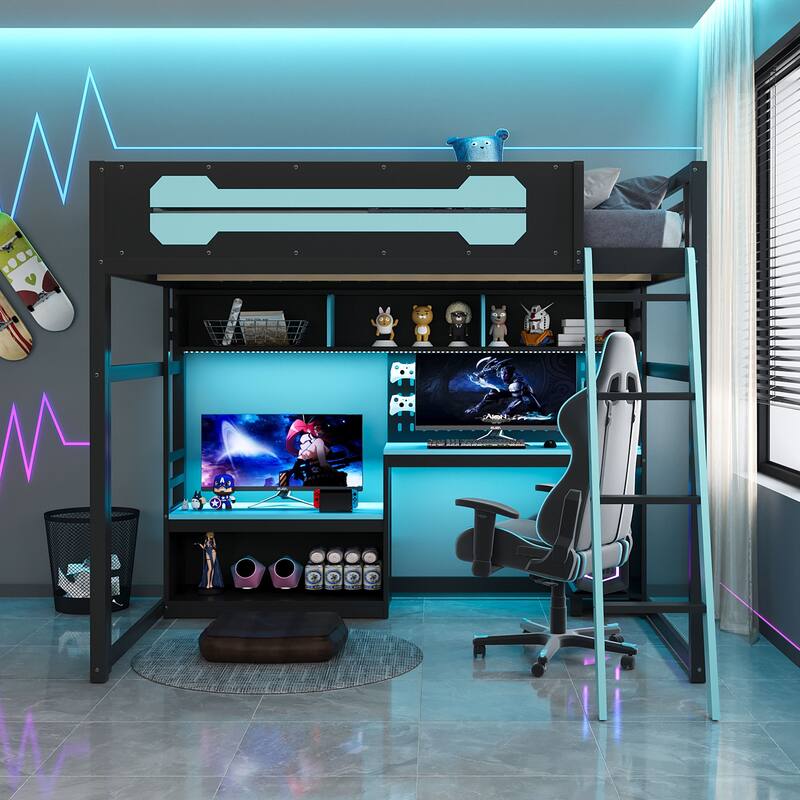Gaming Loft Bed Full Size Wood Loft Bed with Pegboard PC Desk Computer Case Stand Charging Station LED Lights for Gamers