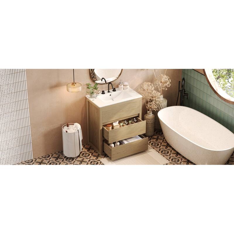 30" Vanity with Sink and 2 Full-Extension Drawers,Freestanding Vanity with 45°,Soft Close Undermount Drawer Slides