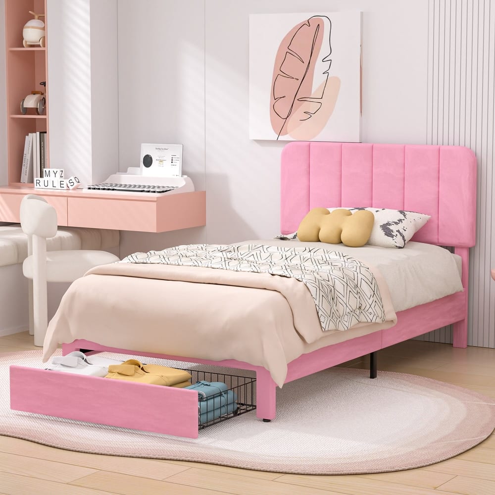 VECELO Bed Frame with 4 Storage Drawers Upholstered Platform Bedframe with Adjustable Headboard