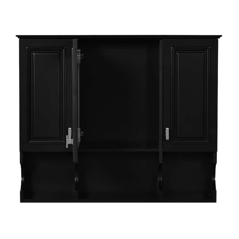 Bathroom Medicine Cabinet with Groove Design, Wall Cabinet with Mirror, Open Compartments of Curved Panls and Silver Handles