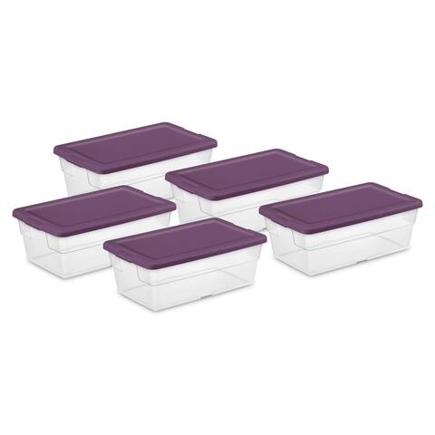 Sterilite Stackable 6 Qt Storage Box Container, Clear, Moda Purple Lid, 5 Pack