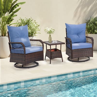 3-Piece Outdoor Rocking/Swivel Chair Set - PE Rattan Patio Furniture with Cushions & Coffee Table, Rocker Chairs for Backyard