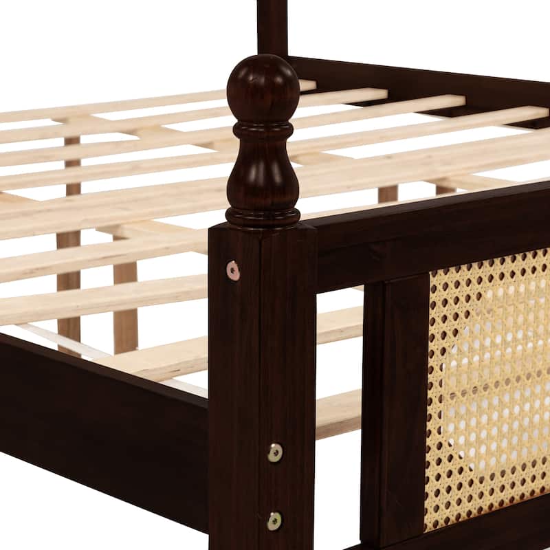 King Pine wooden Bed with Rattan Headboard and Footboard