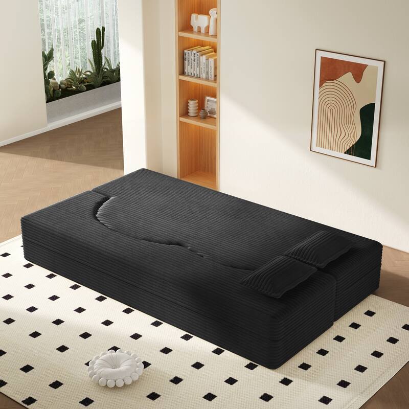 Modern Floor Sofa with 2 Pillows,Convertible Teddy Fabric Foam-Filled Sleeper Sofa Bed