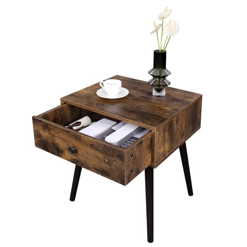 Mid Century Modern Farmhouse Nightstand with Single Drawer Black Tapered Legs and Wood Grain Finish